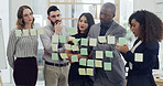Sticky notes, thinking and business people in office with planning for company budget report. Brainstorming, glass wall and financial managers with research for investment proposal in workplace.