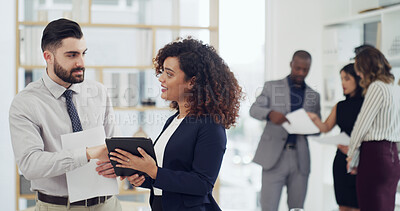 Buy stock photo Talking, discussion and business people on tablet in office for finance report, review and planning. Corporate, documents and workers on digital tech for research, financial proposal and meeting