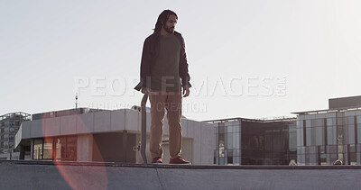 Buy stock photo Skating, ramp and man in park with skateboard for learning tricks, skills and practice in city. Thinking, sunlight and person for sports, training and skater exercise in urban town for challenge