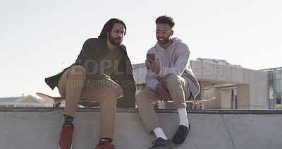 Buy stock photo Phone, streaming and smile with friends at skate park for social media, learning tricks and search. Stunt tutorial, online skater channel and communication with people in city for hobby and space