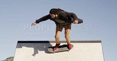 Buy stock photo Man, skateboard and ramp in city, challenge and fitness with freestyle practice, energy and exercise. Person, skater and talent with stunt, outdoor and workout with sports competition and recreation