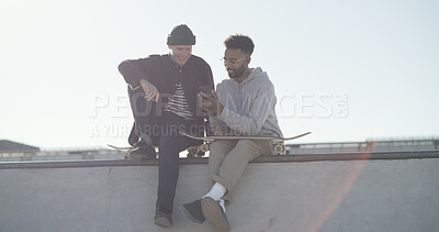 Buy stock photo Skate ramp, happy friends and relax with phone in city for chat, social media or mockup space. Skateboard, sports and men together with mobile outdoor for hangout, show app or online notification