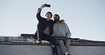 Men, friends and skater with selfie on ramp, smile or hug with sky, memory and web post at park. People, embrace and happy with skateboard, photography and outdoor with extreme sport on social media