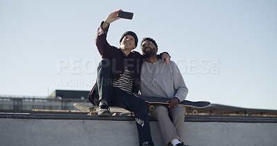 Buy stock photo Men, friends and skater with selfie on ramp, smile or hug with sky, memory and web post at park. People, embrace and happy with skateboard, photography and outdoor with extreme sport on social media