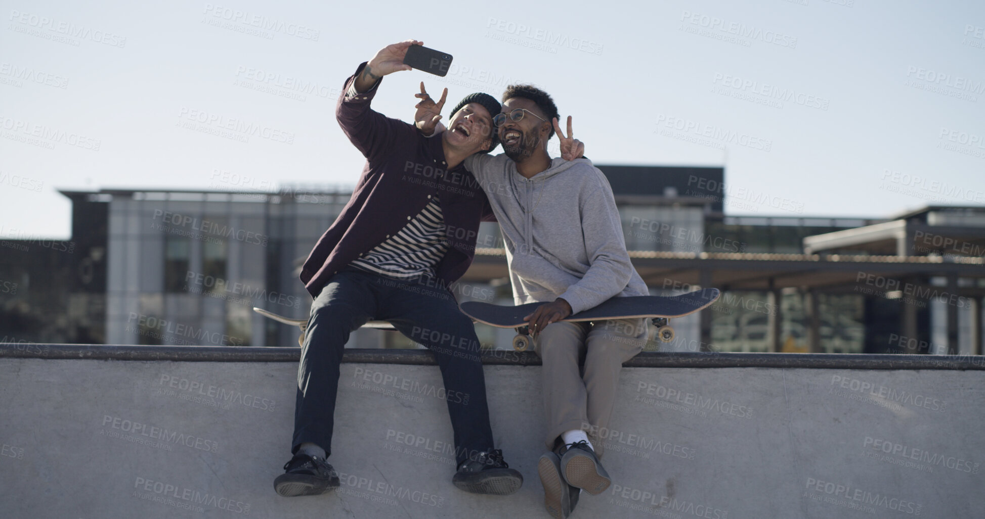 Buy stock photo Men, skateboard and selfie in city, smile and peace sign with embrace, fitness and live streaming. Content creation, influencer and friends with happiness, outdoor and urban town with skater and app