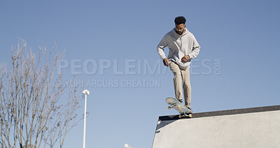 Buy stock photo Skatepark, active and man skating with skateboard, ramp or training for skill development or balance. Outdoor, skateboarder and person with equipment for extreme sport, practice and stunt technique
