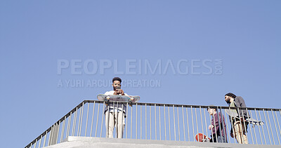 Buy stock photo Phone, streaming and search with man at skate park for social media, communication and online tutorial. Stunt tips, connection and space with low angle of person and skateboard for hipster and mockup