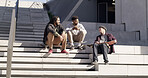 Skaters, friends and relax with men in city for conversation, chat or story on steps. Skateboard, sports and outdoor together for hobby, hangout and group on stairs with streetwear for fashion