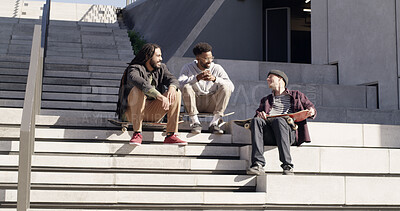 Buy stock photo Skaters, friends and relax with men in city for conversation, chat or story on steps. Skateboard, sports and outdoor together for hobby, hangout and group on stairs with streetwear for fashion