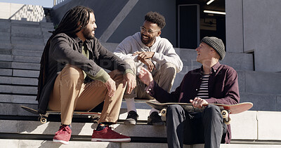 Buy stock photo Skateboard, friends and relax with laughing on stairs for funny joke, skating break or bonding. Talking, skater group or men with comic conversation outdoor for practice, sports discussion or support
