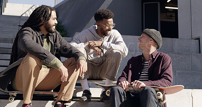 Buy stock photo Skateboard, group and relax with laughing on stairs for practice break, skating joke and bonding. Happy, skater friends and men with comic conversation outdoor for support, hobby and funny discussion
