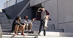 Skater friends, city and men in park for greeting, bonding and handshake for conversation. Outdoor, hello and people on stairs with skateboard for learning skills, skating hobby and training together
