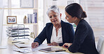 Senior woman, lawyer and document in office for planning, debt settlement and legal guidance. Elderly person, attorney and reading paperwork for retirement fund, asset protection and will information