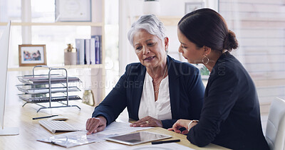 Buy stock photo Senior woman, lawyer and document in office for planning, debt settlement and legal guidance. Elderly person, attorney and reading paperwork for retirement fund, asset protection and will information