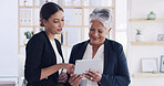 Financial advisor, meeting and tablet with old woman in office for retirement fund, pension plan and advice. Social security bank, digital signature and asset management with people in notary firm