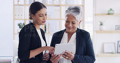 Buy stock photo Financial advisor, meeting and tablet with old woman in office for retirement fund, pension plan and advice. Social security bank, digital signature and asset management with people in notary firm