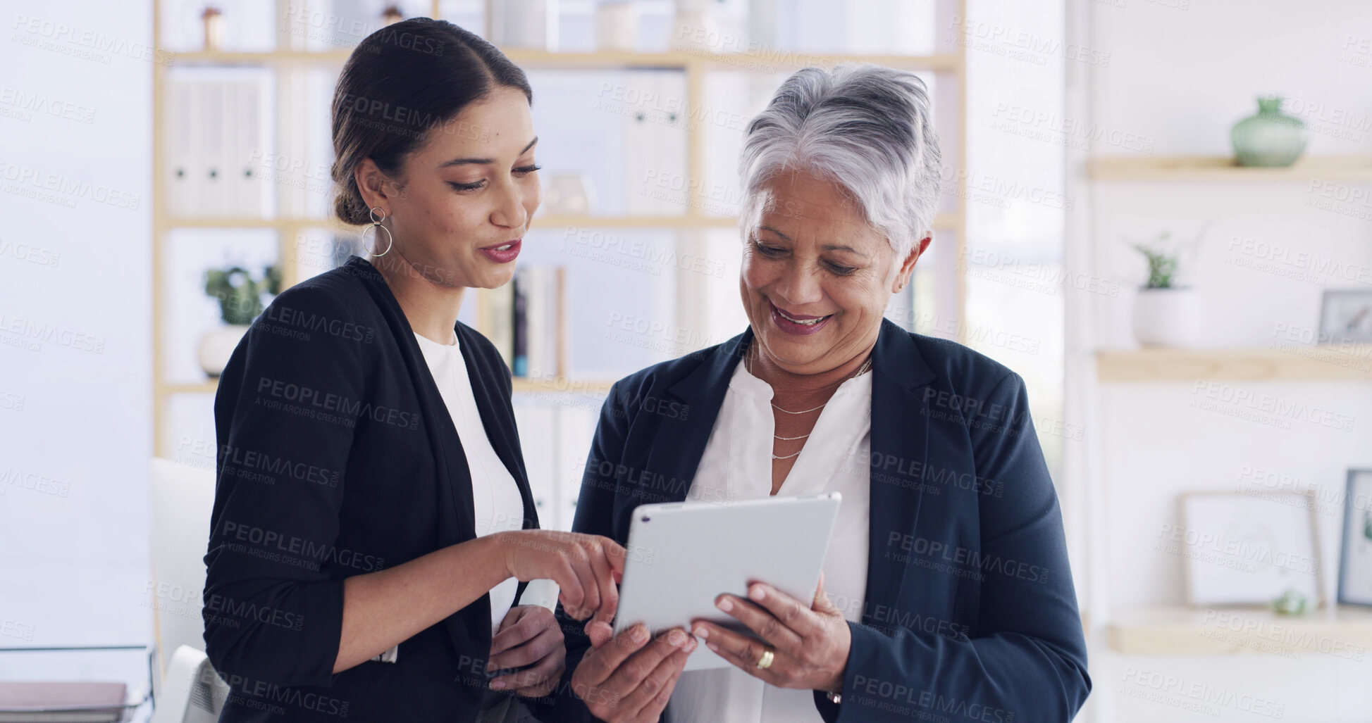 Buy stock photo Financial advisor, meeting and tablet with old woman in office for retirement fund, pension plan and advice. Social security bank, digital signature and asset management with people in notary firm