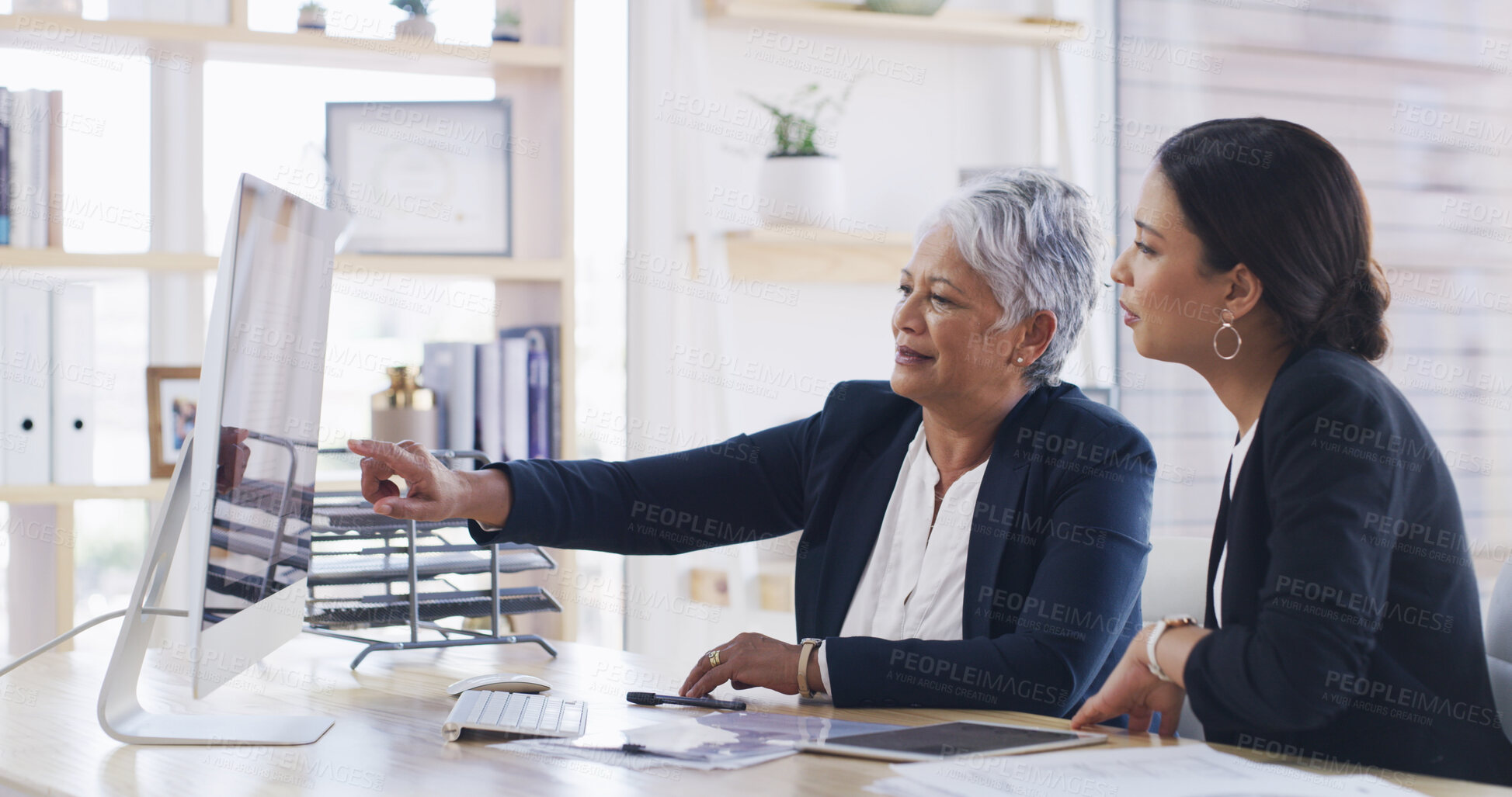 Buy stock photo Computer, business women and team planning for accounting, budget or mentor training intern. Screen, meeting and conversation with auditor in office for bookkeeping, investment review or coaching