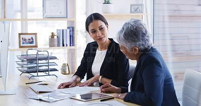 Buy stock photo Elderly woman, lawyer and document in office for planning, debt settlement and legal guidance. Senior person, attorney and reading paperwork for retirement fund, asset protection and will information