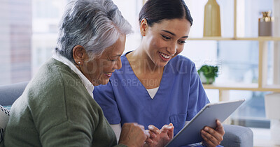 Buy stock photo Tablet, happy nurse and senior woman with healthcare report, positive results and wellness in home. Retirement, caregiver and elderly patient with good news, medical update or diagnosis for homecare