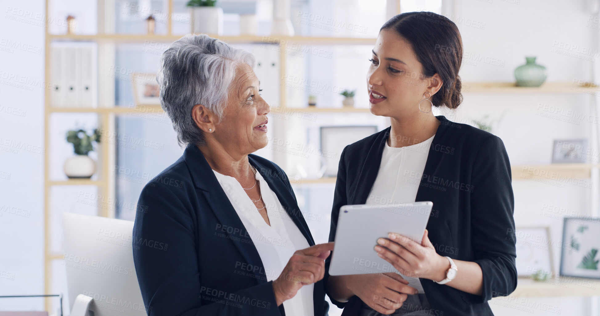 Buy stock photo Tablet, team and business women with conversation for finance, budget or mentor training intern. Technology, meeting and idea with manager in office for feedback, investment insight and coaching