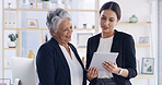 Tablet, team and business women with idea for finance, budget or mentor training intern. Technology, meeting and conversation with happy manager in office for feedback, investment insight or coaching