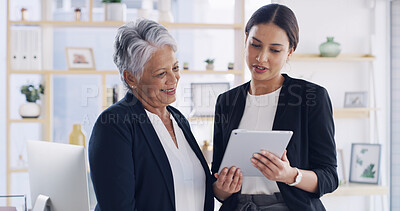 Buy stock photo Tablet, team and business women with idea for finance, budget or mentor training intern. Technology, meeting and conversation with happy manager in office for feedback, investment insight or coaching