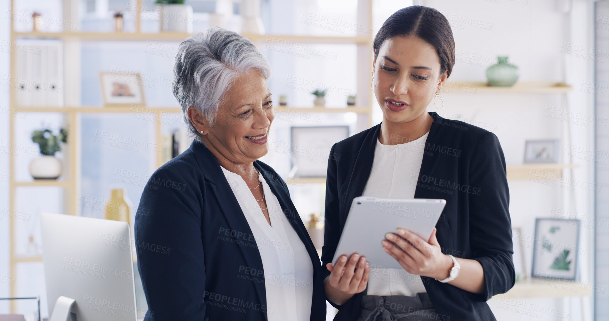 Buy stock photo Tablet, team and business women with idea for finance, budget or mentor training intern. Technology, meeting and conversation with happy manager in office for feedback, investment insight or coaching