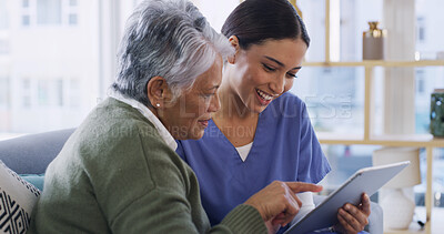 Buy stock photo Tablet, happy nurse and elderly woman with healthcare report, positive results and wellness in home. Retirement, caregiver and senior patient with good news, medical update or diagnosis for homecare