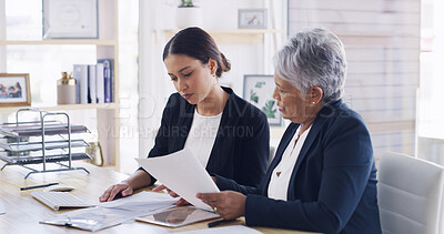 Buy stock photo Talking, women and teamwork with documents, law firm or planning for case with evidence or research. Collaboration, attorney and people with paperwork for trial, justice and discussion in office