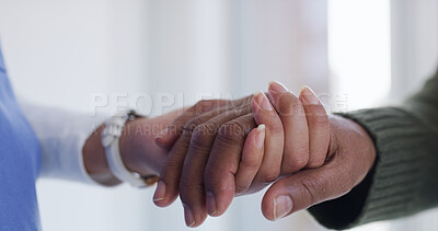 Buy stock photo Holding hands, nurse and help for patient in nursing home, compassion or medical assistance or care. Caregiver, trust or support for elderly person with illness, retirement and empathy for healthcare