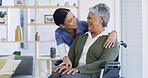 Caregiver, hug and old woman in wheelchair at house for assistance, medical advice and homecare. Happy, nurse and senior person with disability for support, healthcare trust and patient consultation