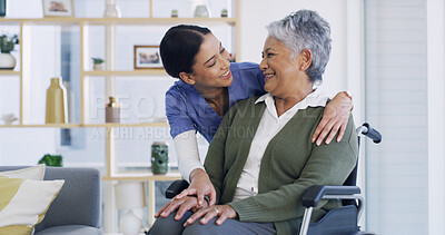 Buy stock photo Caregiver, hug and old woman in wheelchair at house for assistance, medical advice and homecare. Happy, nurse and senior person with disability for support, healthcare trust and patient consultation