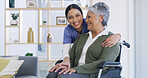Smile, nurse old woman in wheelchair at house for assistance, medical advice and homecare. Portrait, caregiver and senior person with disability of support, healthcare trust and patient consultation