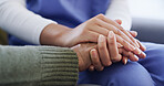 Holding hands, nurse and support for patient in nursing home, together or compassion for healthcare. Caregiver, medical help and care for elderly person with illness, assisted living and empathy