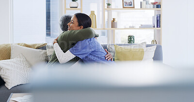 Buy stock photo Happy nurse, senior woman and hug for support, medical wellness and homecare. Retirement, caregiver and embrace with elderly patient for healthcare, trust and thank you for assisted living in home