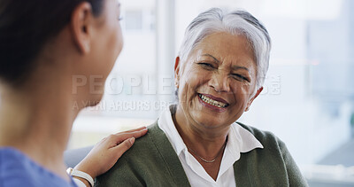 Buy stock photo Caregiver, comfort and elderly woman at house for good news, assistance and medical results. Nurse, support and senior person for healthcare advice, helping hand and patient diagnosis at nursing home