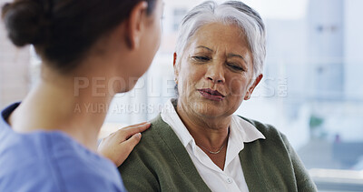 Buy stock photo Caregiver, comfort and senior woman at house for consultation, assistance and medical results. Nurse, support and elderly person with healthcare advice, helping hand and patient diagnosis at homecare