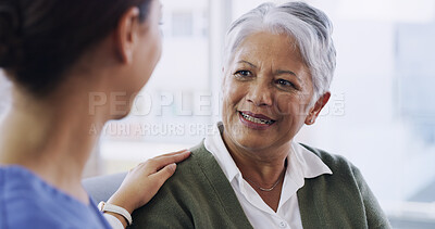 Buy stock photo Support, nurse and smile with old woman on sofa for empathy, occupational therapist and medical. Healthcare advice, discussion and senior patient with caregiver in nursing home for consulting