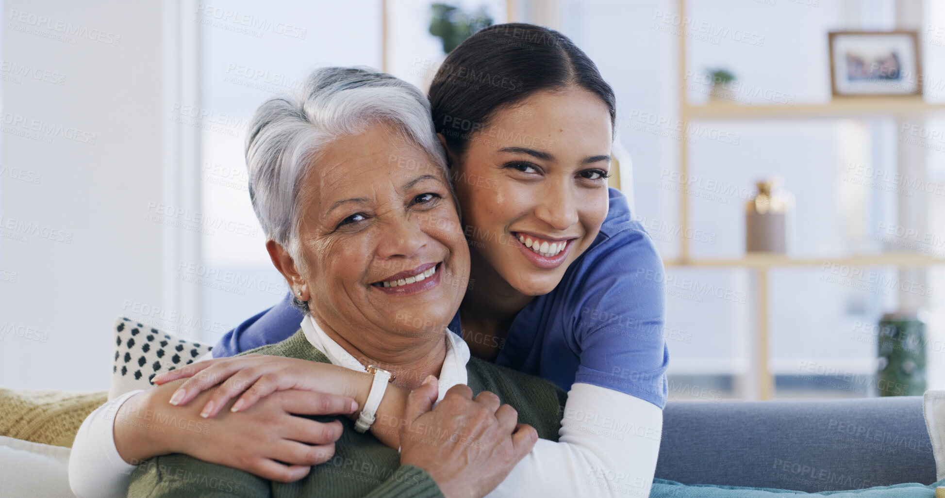 Buy stock photo Senior woman, nurse and hug on sofa with smile, portrait and support with bonding in living room. Elderly person, happy and caregiver with love, kindness and retirement at nursing home in Mexico