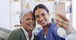 Bonding, women and caregiver in nursing home, selfie or photography with elderly patient and memory. People, smile and profile picture with nurse, assisted living and happy for healthcare in house