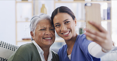 Buy stock photo Bonding, women and caregiver in nursing home, selfie or photography with elderly patient and memory. People, smile and profile picture with nurse, assisted living and happy for healthcare in house