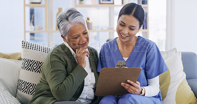 Buy stock photo Clipboard, nurse and advice with old woman on sofa for evaluation, treatment progress and medical plan. Healthcare, medicine schedule and checkup list with people in nursing home as caregiver