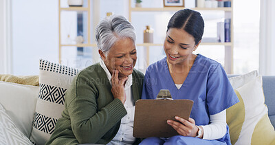 Buy stock photo Clipboard, nurse and reading with old woman on sofa for evaluation, treatment progress and medical plan. Healthcare advice, medicine schedule and checkup list with people in nursing home as caregiver