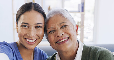 Buy stock photo Portrait, caregiver and selfie with woman, assisted living and picture for social media and website. Healthcare, nurse and bonding with elderly patient, photography and happy for memory in house