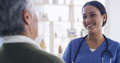 Buy stock photo Happy nurse, home and talk with senior woman for healthcare, medical wellness or homecare. Smile, caregiver and conversation with elderly patient for good news, diagnosis or help with assisted living