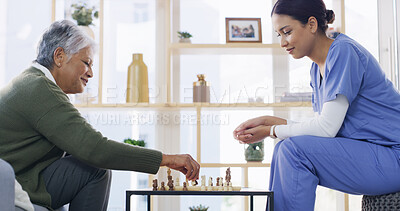 Buy stock photo Nurse, senior woman and contest with chess in home, smile and solution with cognitive skills. Elderly person, caregiver and challenge with board game, relax and happy for brain function in retirement