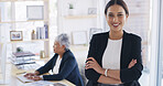 Portrait, intern and woman with arms crossed, law firm or opportunity for experience, smile or pride. Ambitious, legal assistant and person with internship for career growth, justice and confident