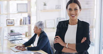 Buy stock photo Portrait, intern and woman with arms crossed, law firm or opportunity for experience, smile or pride. Ambitious, legal assistant and person with internship for career growth, justice and confident
