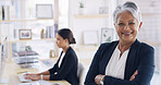 Portrait, happy and mature woman with arms crossed, attorney or pride for career growth in law firm. Ambitious, lawyer and people with smile for justice in country, legal system and constitution